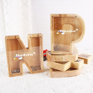 Hucha de madera con forma de letra inicial personalizada, hucha con nombre personalizado, regalo para niño, regalo para bebé, regalo para bebé