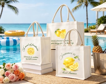Personalized Lemon Tote Bag, Custom Bridesmaid Gift Bag for Beach Wedding, Summer Luncheon Favor Bag, Citrus Bachelorette Party Tote