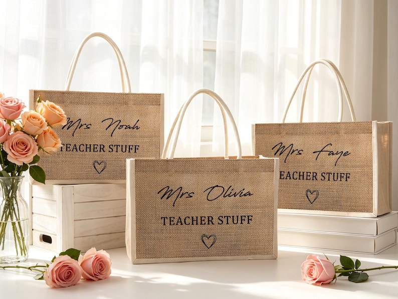Pu&ograve; includere: Tre borse rettangolari in juta con manici bianchi. Ogni borsa presenta una scritta nera che riporta "Mrs. Noah", "Mrs. Olivia" o "Mrs. Faye" sopra le parole "TEACHER STUFF" e un piccolo contorno di cuore disegnato a mano.