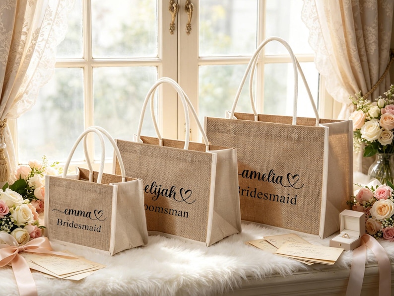 May include: Three burlap tote bags with white handles and trim are displayed. Each bag has a name and title printed in black script. The bags are on a white surface with flowers and a window in the background. The bags are for a wedding.