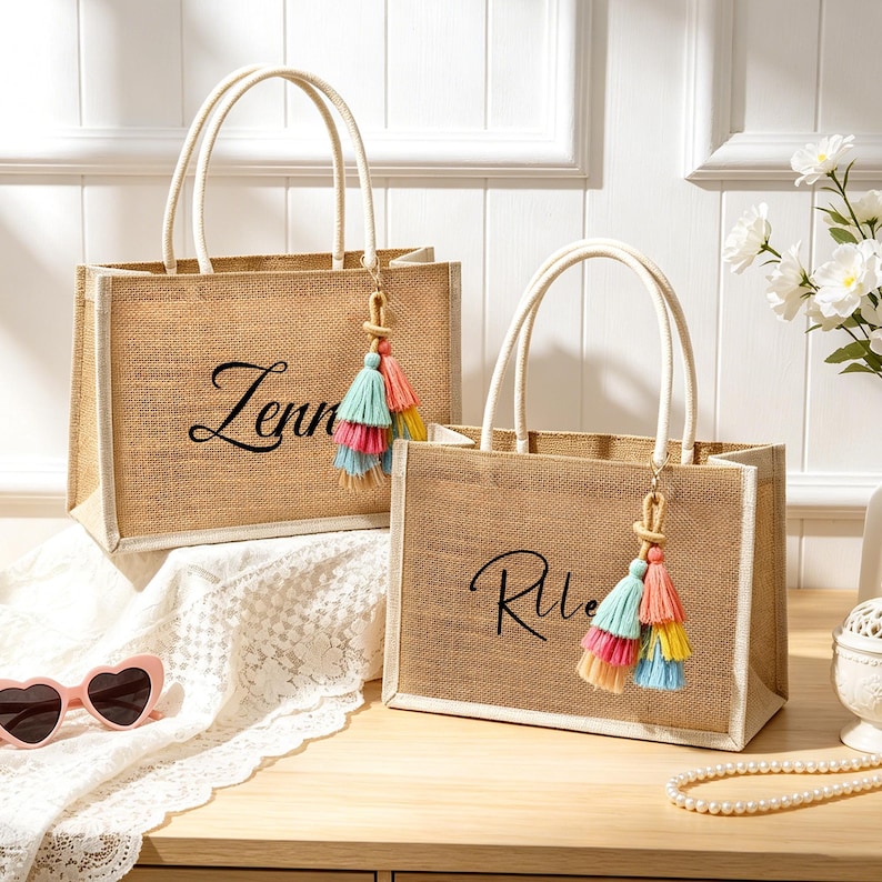 Puede incluir: Dos bolsos de yute rectangulares con asas y bordes blancos. Cada bolso presenta texto en cursiva negra y un adorno de borlas con hilos azul claro, rosa y amarillo, colocados sobre una superficie de madera con encaje blanco.