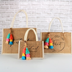 Benutzerdefinierte Brautjungfer Taschen, Jute Tasche mit Namen, Strandtasche, Geschenktasche mit Anhänger, personalisierte Jute Tasche für Brautjungfer Geschenk,Geschenktasche