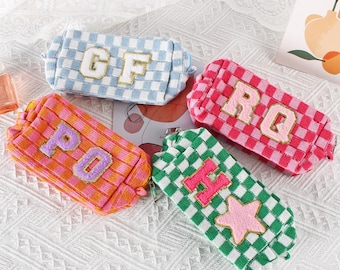 Personalized Checkered Cosmetic Bag,Custom Patch Makeup Bag,Bridesmaid Gifts,Initials makeup bag,Travel makeup bag,Personalized Gift