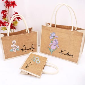 Sac en toile de jute nom floral pour cadeau de proposition de demoiselle d'honneur, sac fourre-tout de plage, sac fourre-tout de demoiselle d'honneur, cadeaux d'enterrement de vie de jeune fille, cadeaux d'anniversaire pour elle
