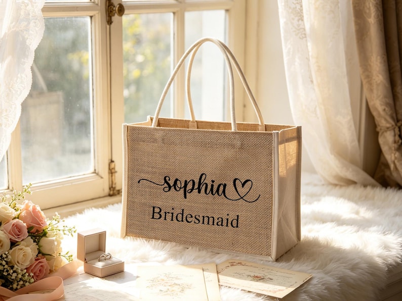 May include: A beige burlap tote bag with cream-colored handles. The bag features the name "Sophia" in cursive with a heart symbol, and the word "Bridesmaid" in a simple font. A ring box and a bouquet of roses are also visible.