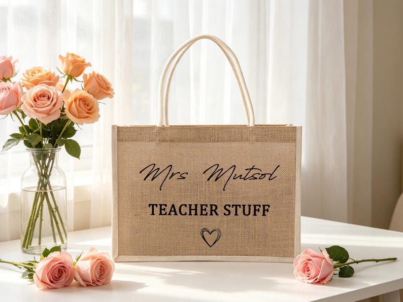 Pu&ograve; includere: Una borsa tote rettangolare in juta color marrone chiaro con due manici bianchi. La parte anteriore presenta il testo nero Mrs Mutsol, le parole TEACHER STUFF in un carattere sans-serif in grassetto e un piccolo cuore disegnato a mano.