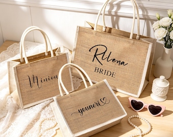 Borsa regalo personalizzata, borse per damigelle d'onore, borsa da spiaggia, regali per damigelle d'onore, bomboniera per addio al nubilato, borsa di iuta, regalo per festa nuziale, borsa di ringraziamento