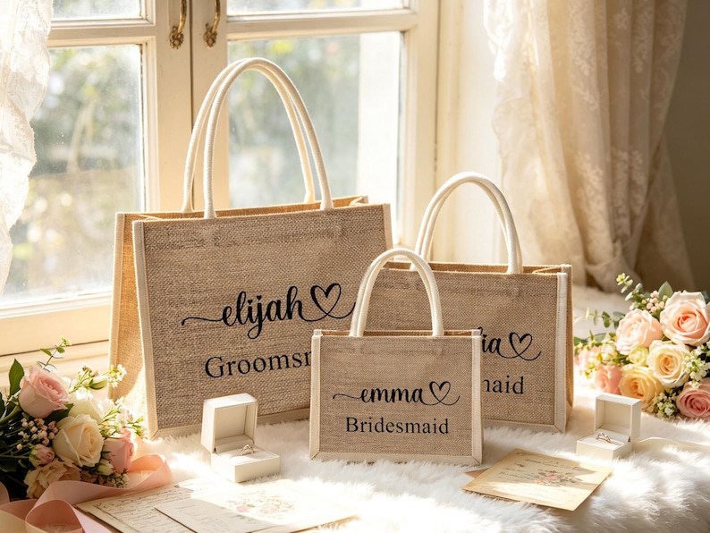May include: Three beige burlap tote bags with white handles, personalized with names and titles in black script. The largest bag reads "elijah" and "Groomsmen". The medium bag says "tia" and "Maid". The smallest bag says "emma" and "Bridesmaid".