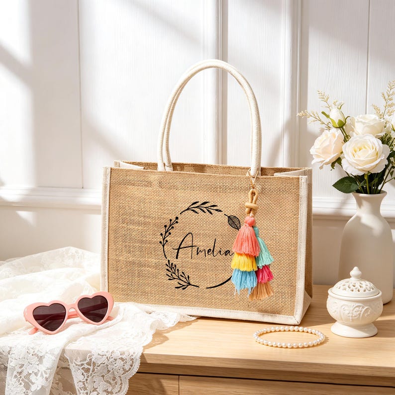 Puede incluir: Un bolso rectangular de yute color canela con dos asas blancas y un dise&ntilde;o de corona impreso en negro con el nombre Amelia en el centro. Una borla multicolor en tonos rosa, amarillo y azul cuelga de una de las asas del bolso.