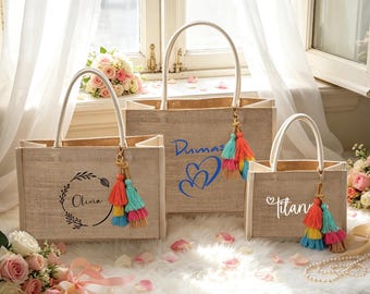 Bolsas de arpillera personalizadas, bolsa de yute con nombre personalizado, bolsa de playa con monograma, regalos para despedidas de soltera, bodas y damas de honor.