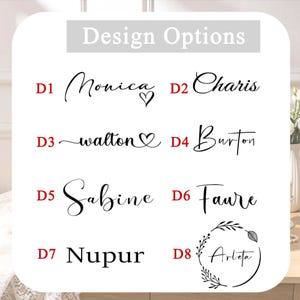 Puede incluir: Un gr&aacute;fico rectangular blanco titulado Design Options que presenta ocho estilos de texto en negro etiquetados de D1 a D8. La lista incluye nombres como Monica, Charis, walton, Burton, Sabine, Faure, Nupur y Arleta, con corazones decorativos y una corona de hojas.