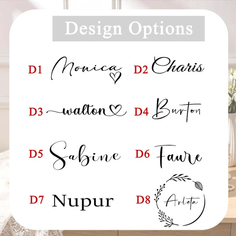 Puede incluir: Un gr&aacute;fico rectangular blanco titulado Design Options que presenta ocho estilos de texto en negro etiquetados de D1 a D8. La lista incluye nombres como Monica, Charis, walton, Burton, Sabine, Faure, Nupur y Arleta, con corazones decorativos y una corona de hojas.