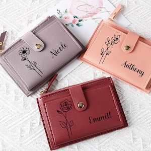 Cartera de cuero personalizada, cartera con flores de nacimiento personalizadas con nombre, regalo para el día de la madre, regalo para dama de honor, regalos para el día de San Valentín para ella