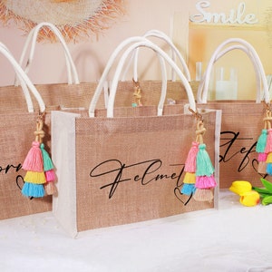 Personalisierte Jute-Taschen, Benutzerdefinierte Name Jute-Tasche, Monogramm-Strand-Einkaufstasche, Junggesellinnenabschied-Gastgeschenke, Hochzeit, Brautjungfer Geschenke Tasche