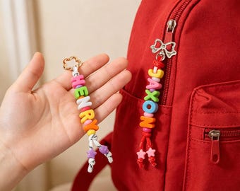 Personalised Colourful Name Letter Bag Charm, Chunky Rope Name, Custom Beaded Keychain, Colourful Bag Tag, Personalised School Bag Charm