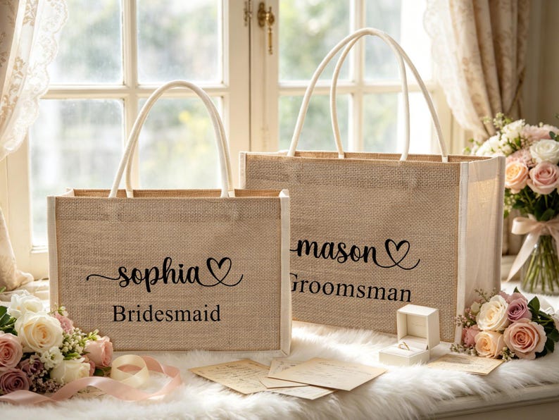 May include: Two beige burlap tote bags with white handles. One bag reads "Sophia" with a heart and "Bridesmaid" underneath. The other bag reads "mason" with a heart and "Groomsman".