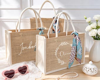 Bolsas personalizadas para damas de honor con bufanda, bolsas de arpillera, bolsas de regalo para damas de honor, bolsas para despedida de soltera, bolsas de playa, bolsas de regalo, bolsas para despedida de soltera.