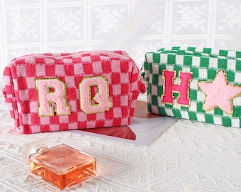 Personalized Checkered Cosmetic Bag,Custom Patch Makeup Bag,Bridesmaid Gifts,Initials makeup bag,Travel makeup bag,Personalized Gift