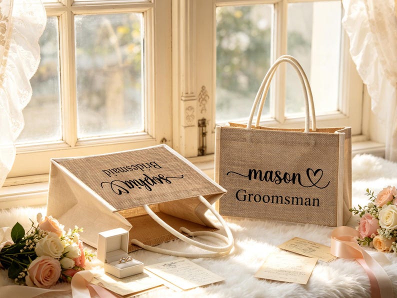 May include: Two burlap tote bags with white handles. One bag reads "Sophia Bridesmaid" and the other reads "mason Groomsman" with a heart. A ring box and flowers are in the foreground.