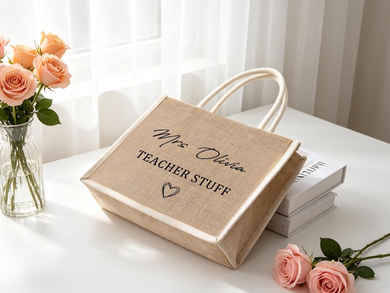 Borsa personalizzata per insegnanti, borsa personalizzata per insegnanti, borsa tote per insegnanti, regalo per insegnanti, regalo per insegnanti, regalo per insegnanti, regalo di ringraziamento per insegnanti, borsa per il pranzo in iuta immagine 5