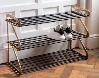 Three-Tier Black & Brass Shoe Rack dazzling design for hallway, porch boot room