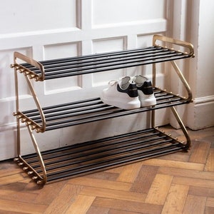 Three-Tier Black & Brass Shoe Rack dazzling design for hallway, porch boot room