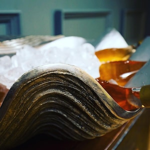 May include: A close-up of a decorative, wave-shaped serving dish with a metallic finish. The dish is filled with ice and a golden-colored liquid. The edges of the dish have a textured, layered appearance.