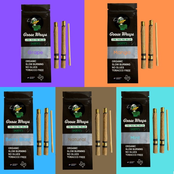 Shorties Goose Wraps- Tobacco-Free Palm Leaf Prerolls, 5 Flavors, Veteran Owned. Hold approximately 0.8 grams, Organic