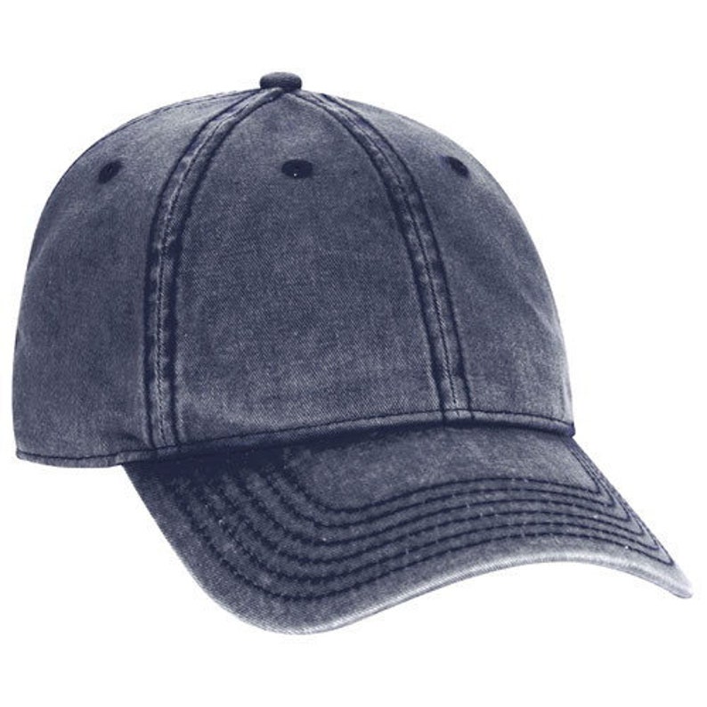 May include: A dark blue denim baseball cap with a curved brim and a distressed look.