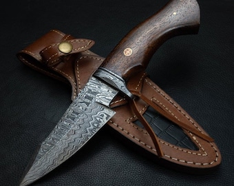 The Smiths Blade Custom Hand Made Damascus Steel Hand Forged Fantasy Full Tang knife | Rose Wood Handle & Mosaic Pin | Free Leather Sheath