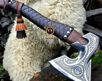 Custom Gift Forged Carbon Steel Viking Axe with Rose Wood Shaft, Viking Bearded Camping Axe, Best Birthday&Anniversary Gift For Him,