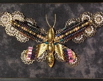Bejeweled Framed "Beaded Butterfly" Bead and Vintage Jewelry Art Collage