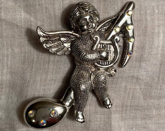 Unique Silver Brooch - Angel with a Harp Resting on a Musical Note