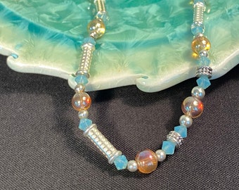 20" Beaded Necklace - Iridescent Glass Beads, Swarovski Crystal Beads, and Silvertone Beads