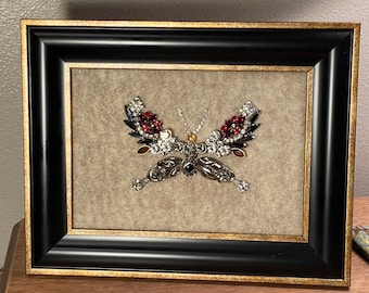 Bejeweled "Red Delight" Butterfly Framed Vintage Jewelry Art Collage