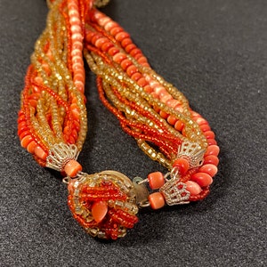 Vintage Orange Glass 15-strand Orange and Gold Seed Bead Japan signed Necklace image 2