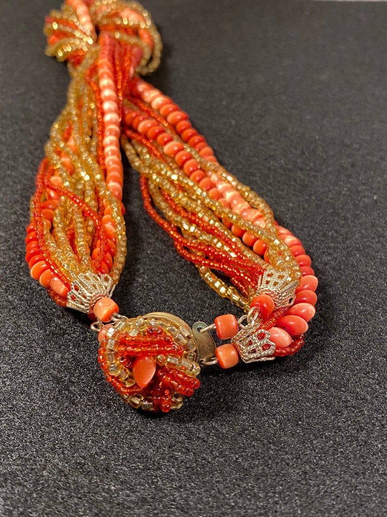 Vintage Orange Glass 15-strand Orange and Gold Seed Bead Japan signed Necklace image 2