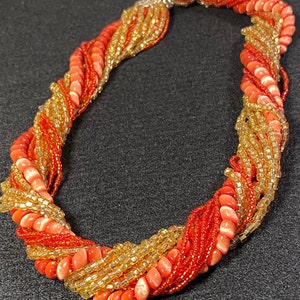 Vintage Orange Glass 15-strand Orange and Gold Seed Bead Japan signed Necklace image 1