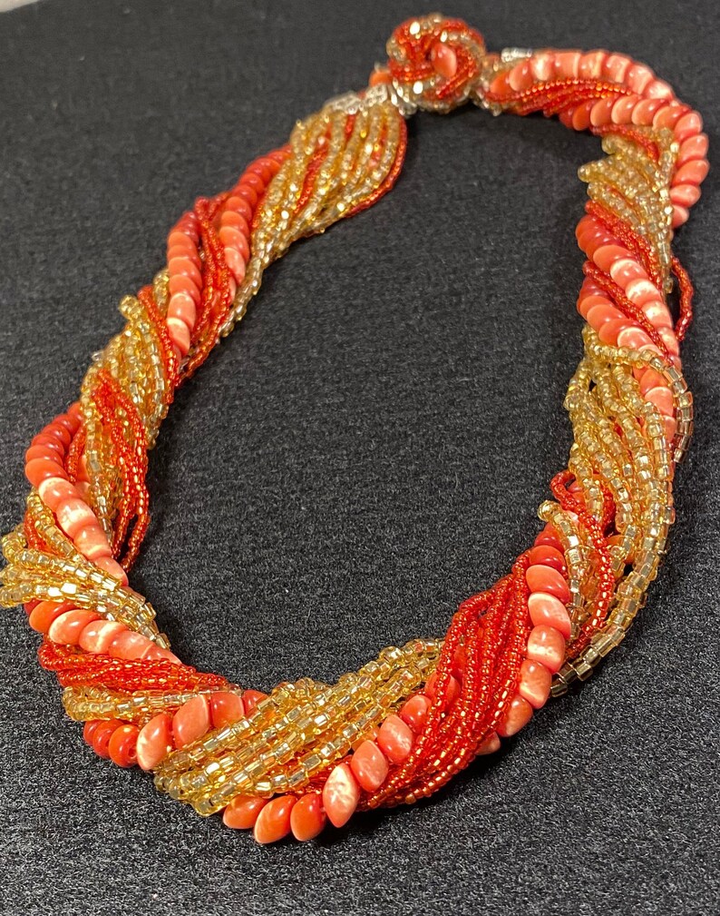 Vintage Orange Glass 15-strand Orange and Gold Seed Bead Japan signed Necklace image 1