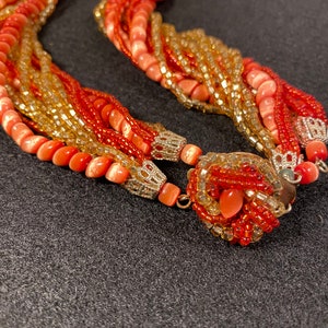 Vintage Orange Glass 15-strand Orange and Gold Seed Bead Japan signed Necklace image 5