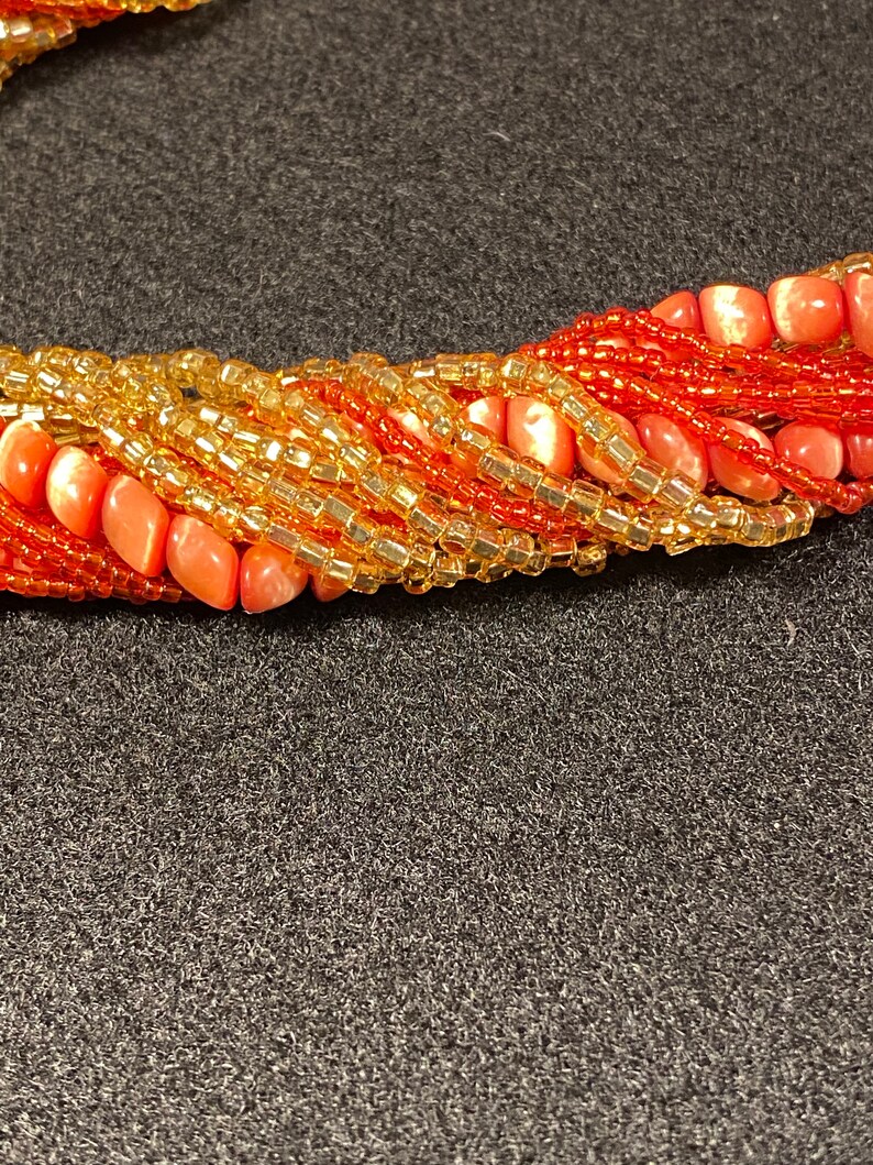 Vintage Orange Glass 15-strand Orange and Gold Seed Bead Japan signed Necklace image 7