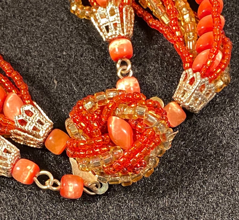 Vintage Orange Glass 15-strand Orange and Gold Seed Bead Japan signed Necklace image 3