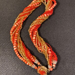 Vintage Orange Glass 15-strand Orange and Gold Seed Bead Japan signed Necklace image 4