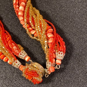 Vintage Orange Glass 15-strand Orange and Gold Seed Bead Japan signed Necklace image 6