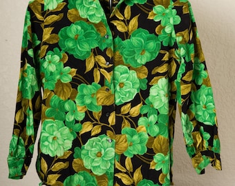 GROOVY Funky Green Floral 1970 Button Up Blouse | Hawaiian Vibe Vintage Women Shirt | BRIGHT Flowers