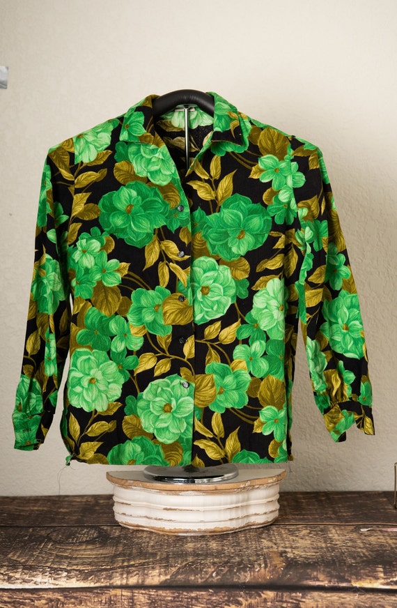 GROOVY Funky Green Floral 1970 Button Up Blouse | 