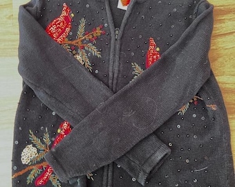 Cardinal Christmas Sweater Zip Up  Embroidered Fir Branch with Red Sequin Birds Size Small Vintage Holiday Cardigan Classy Retro Stunner