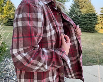 Vintage FLANNEL Button Down Cozy  Red Brown Fall Plaid Shirt Oversized Men's Dad Closet Earth Tones Grunge Autumn Closet  TRUE VINTAGE retro