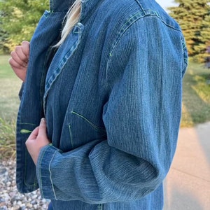 Vintage Bill Glass Denim Jacket with Lime Green Thread Top Stitch Retro Neon Jean Jacket Fall Retro Grunge Oversized Hippie 1980 Fashion zdjęcie 9