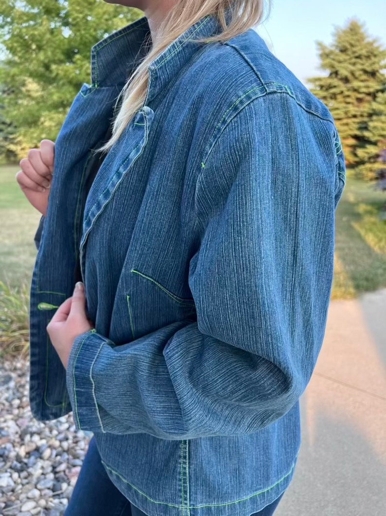 Vintage Bill Glass Denim Jacket with Lime Green Thread Top Stitch Retro Neon Jean Jacket Fall Retro Grunge Oversized Hippie 1980 Fashion zdjęcie 9